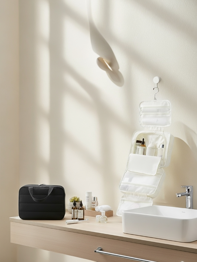Lightweight Hanging Toiletry Bag – 4 Compartments, Unzips Flat