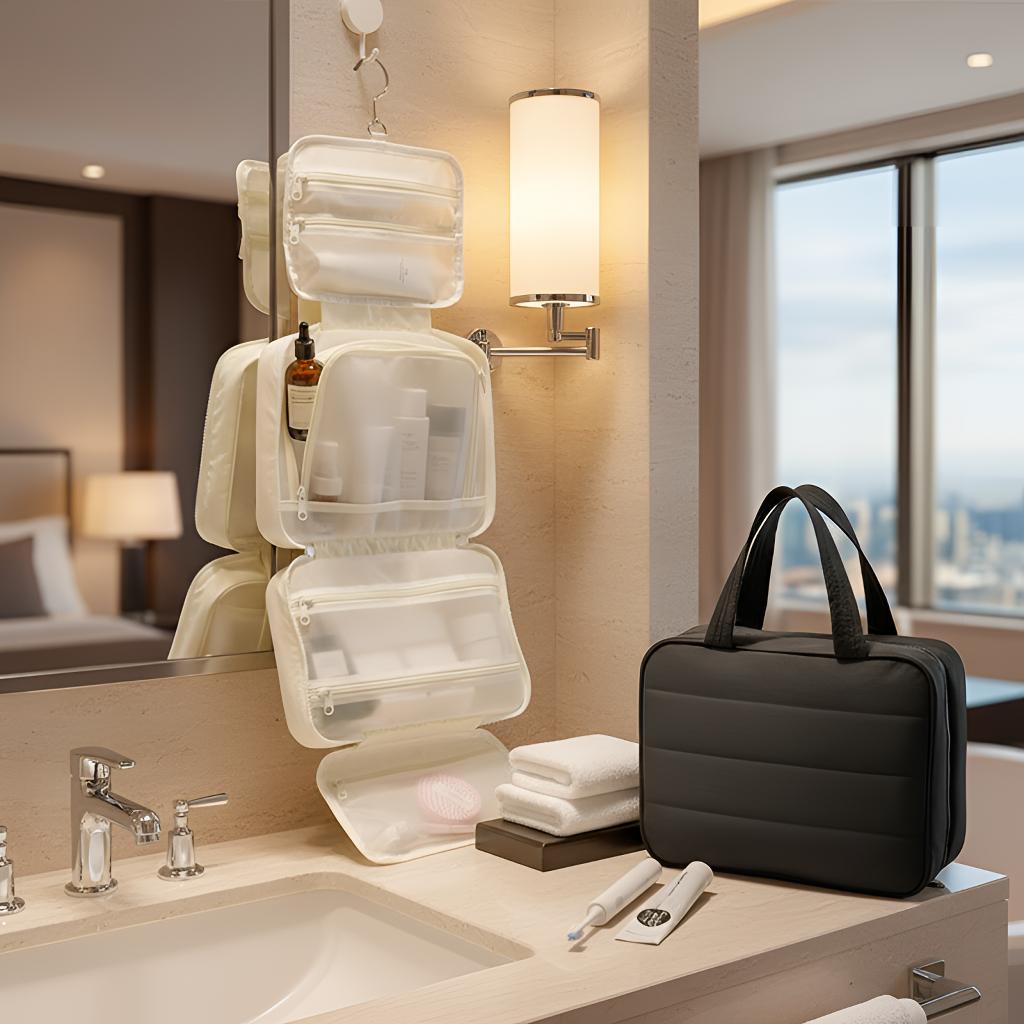Lightweight Hanging Toiletry Bag – 4 Compartments, Unzips Flat